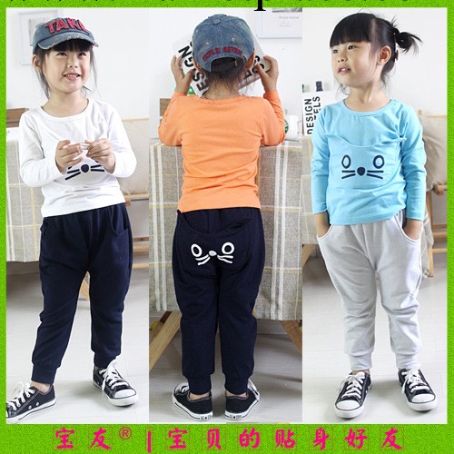 3229 寶友 品牌韓版童裝批發 秋裝新品 小貓印花女童套裝工廠,批發,進口,代購