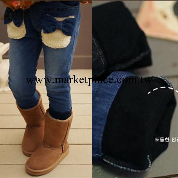 冬款童裝批發 新款韓版加絨蝴蝶結口袋牛仔褲 冬女童長褲批發工廠,批發,進口,代購