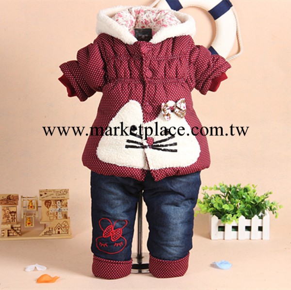 廣州童裝 韓版圓點貓咪女童棉衣套裝 加絨連帽0-3歲寶寶外出服工廠,批發,進口,代購