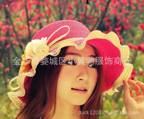 批發韓版淑女帽子 日系大沿邊草帽 VIVI小辣椒大花朵遮陽卷邊帽子工廠,批發,進口,代購