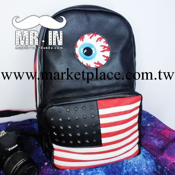 歐美美國旗原宿風潮人血絲眼球柳釘雙肩包男女皮背包書包旅行包工廠,批發,進口,代購