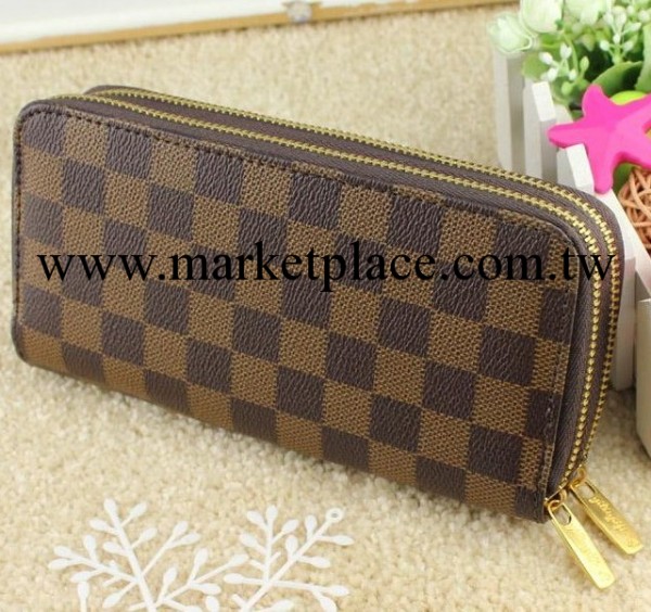 新款韓版潮男女式通用中長款錢包經典格子雙拉鏈手拿包字母錢夾工廠,批發,進口,代購