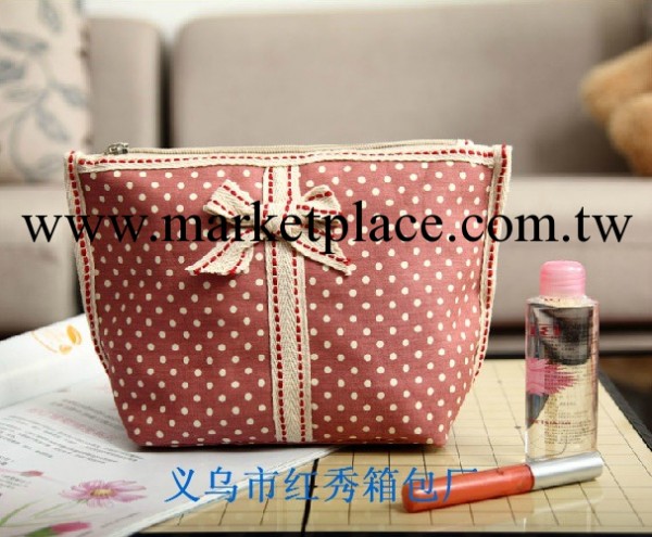 圓點蝴蝶結化妝包 韓國可愛手拿包 女士韓版復古棉佈晚裝包工廠,批發,進口,代購
