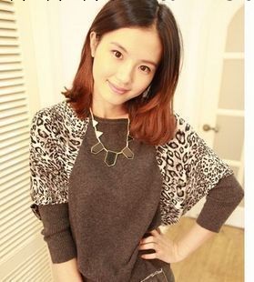 2013春裝 新款 韓版時尚女裝豹紋一字領蝙蝠長袖針織毛衣/針織衫批發・進口・工廠・代買・代購