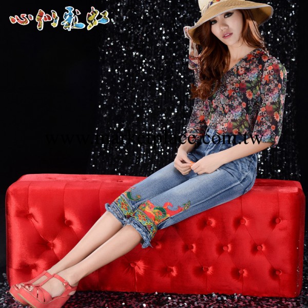 實拍2266 夏秋新款女褲繡花時尚民族風牛仔七分褲牛仔中褲工廠,批發,進口,代購