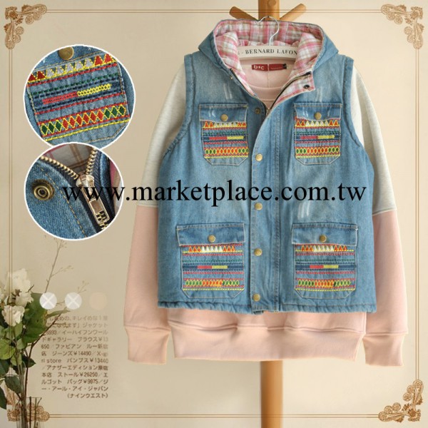 waypoints冬季新款牛仔馬夾 刺繡花口袋牛仔夾棉加厚女式馬甲工廠,批發,進口,代購