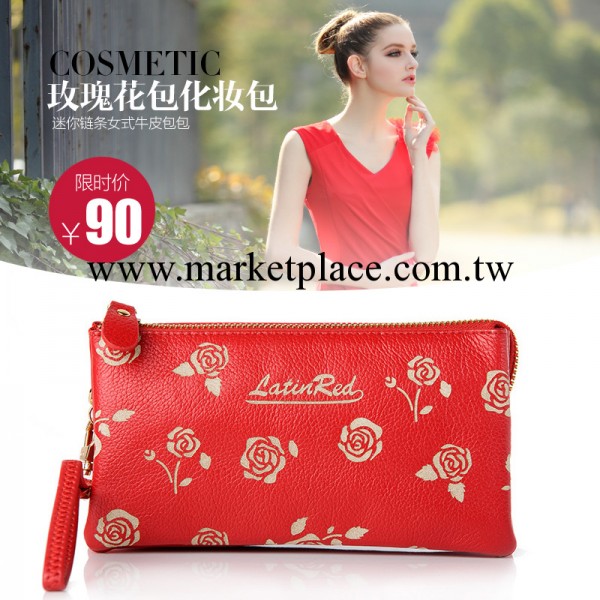 拉丁紅女牛皮手拿包 玫瑰花包化妝包 迷你鏈條女式牛皮包包批發工廠,批發,進口,代購