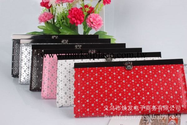 煥發皮具供應女式中長款錢夾 純色帶心金粉磚錢包 手拿錢包批發工廠,批發,進口,代購