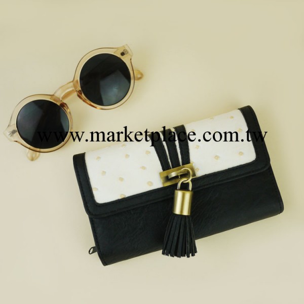 現貨 外貿歐美風女式中長款錢包手拿包 復古黑白拼色 鴕鳥紋流蘇工廠,批發,進口,代購