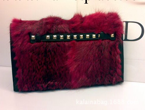 秋冬新款 歐美商務手包 高端大氣野兔毛鉚釘裝飾單肩包手拿包女包工廠,批發,進口,代購