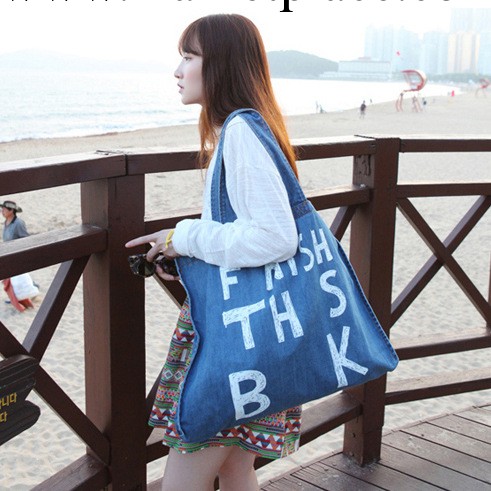 韓國stylenanda字母印花水洗做舊復古牛仔帆佈袋包包單肩包手提工廠,批發,進口,代購