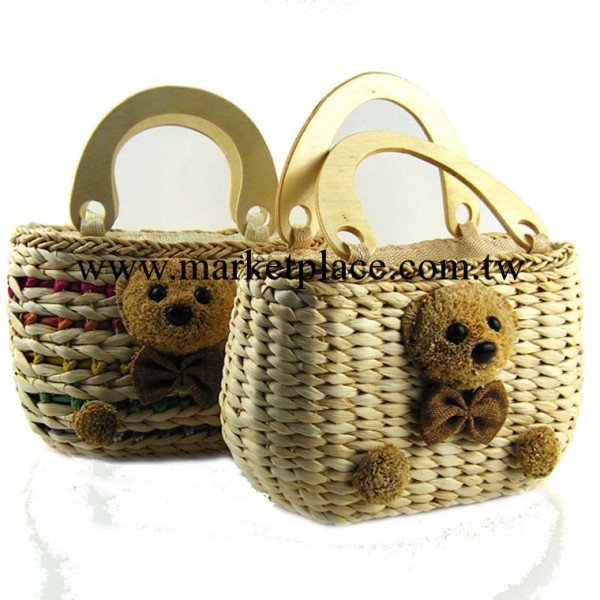 新款日系VIVI雜志款木柄泰迪熊手提草編包女包工廠,批發,進口,代購