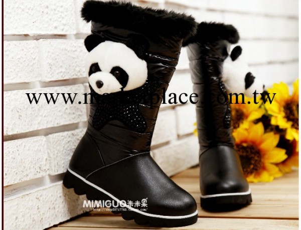 韓版女童雪靴熊貓鉆飾真皮鑲毛兒童雪靴中筒靴高幫靴批發・進口・工廠・代買・代購