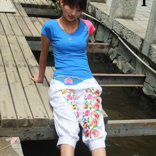 2012新女夏裝棉綢民族風繡花七分褲媽媽裝 大碼女褲工廠,批發,進口,代購