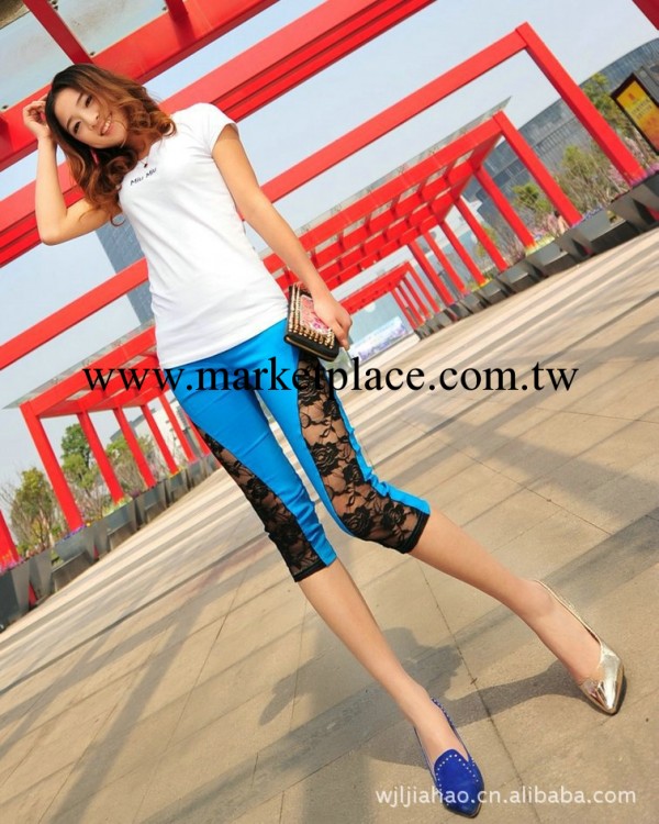 韓版女裝褲 梭子佈+網紗拼接 性感潮流時尚七分內搭褲女褲批發工廠,批發,進口,代購