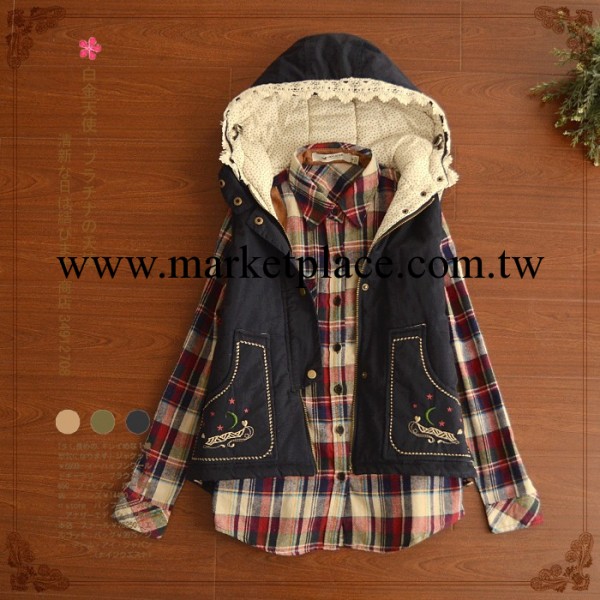 2013秋裝新款日系森林系休閒百搭刺繡月亮口袋女式夾棉背心馬甲工廠,批發,進口,代購