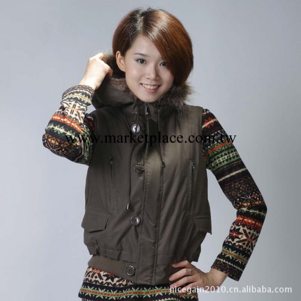2012秋冬新品批發 女裝 帶帽棉馬甲 棉背心 軍綠色 修身 2124VT02工廠,批發,進口,代購