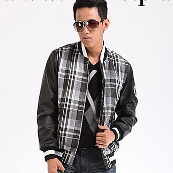 2013新品春秋情侶 韓版修身厚款外套黑白格紋PU男式皮夾克jacket工廠,批發,進口,代購