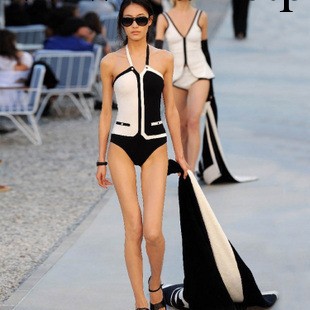外貿原單 維多利亞的秘密泳衣女 新款顯瘦黑白拼接三角連身泳裝批發・進口・工廠・代買・代購