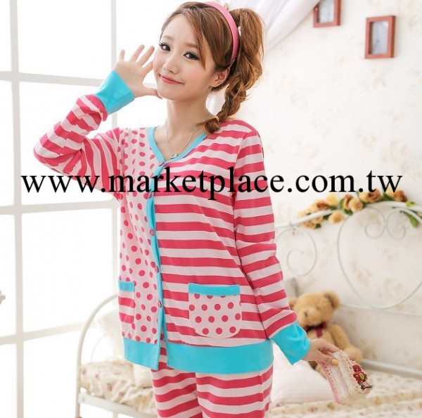 女式睡衣批發  秋冬季長袖紅藍條紋圓點點 純棉可愛型傢居服套裝工廠,批發,進口,代購