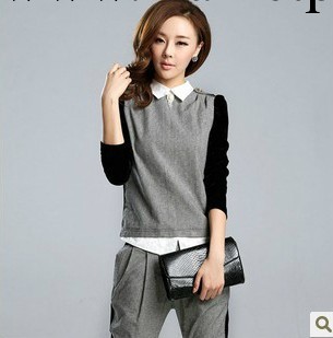 2013韓版職業套裝 OL風格子時尚假2件上衣+小腳哈倫褲兩件套批發・進口・工廠・代買・代購
