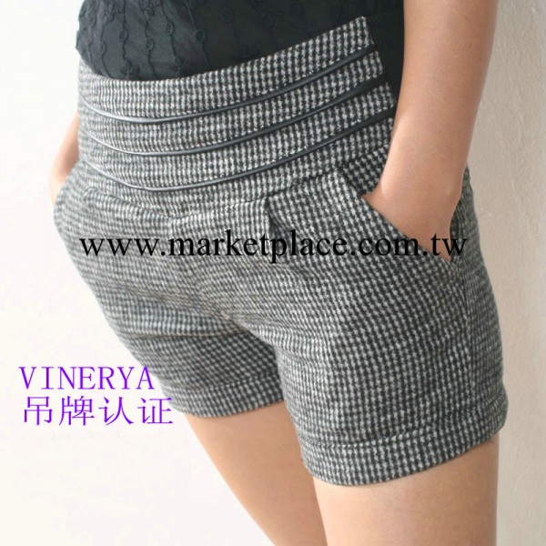 D8261秋冬女裝松緊腰PU皮包邊 女式休閒褲千鳥格子毛呢短褲女褲子工廠,批發,進口,代購
