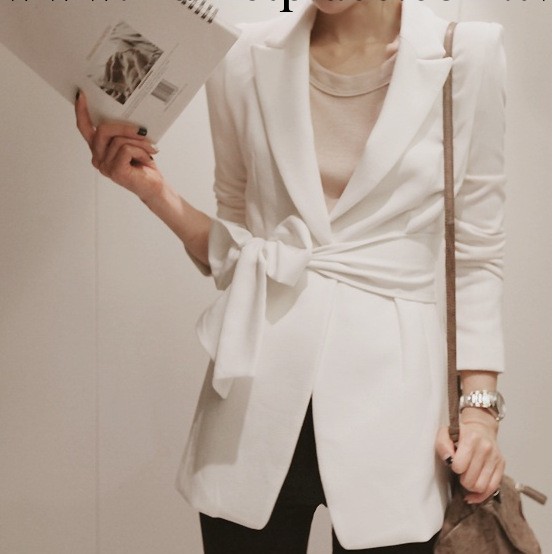 韓國代購partysu大蝴蝶結收腰白色小西裝OL通勤西服女式秋款外套工廠,批發,進口,代購