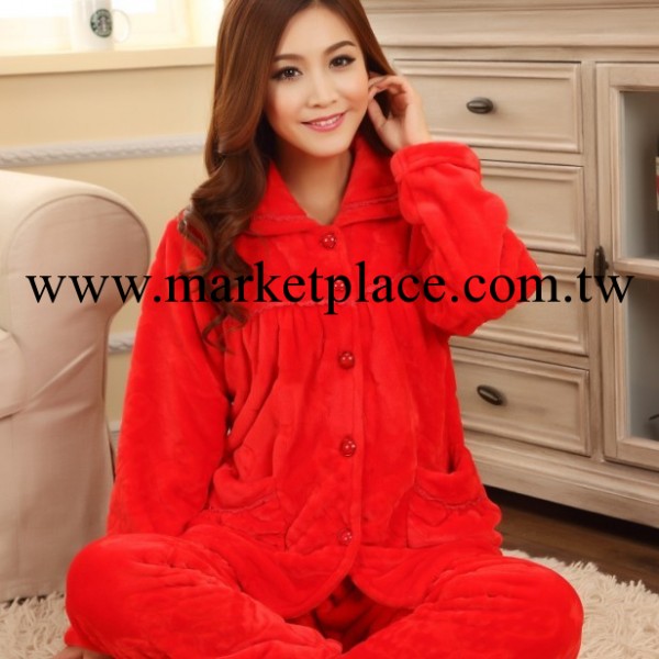 秋冬新品女士大紅加厚水貂絨睡衣套裝 純色花邊傢居服本命年首選工廠,批發,進口,代購
