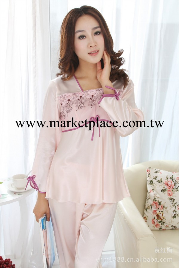 春夏季新款女式長袖仿真絲睡衣套裝 絲綢睡衣 蕾絲傢居服工廠,批發,進口,代購