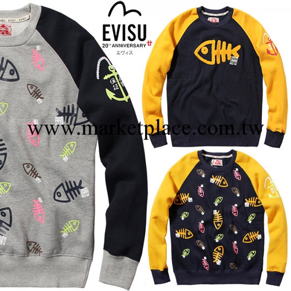 潮牌evisu 福神秋冬 魚骨拼色插肩袖套頭圓領抓絨 衛衣 男裝外套工廠,批發,進口,代購