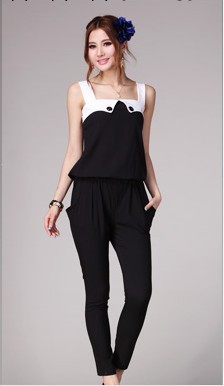 2013夏裝新款 黑白鑲拼松身顯瘦氣質連身長褲 女裝連身褲工廠,批發,進口,代購