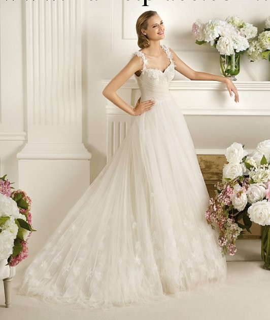 2013新款歐美pronovias 雙肩深V網紗花朵拖尾婚紗禮服工廠,批發,進口,代購