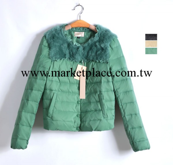 10-18-004秋冬裝2013女式前片約克真兔毛裝飾無領羽絨衣工廠,批發,進口,代購