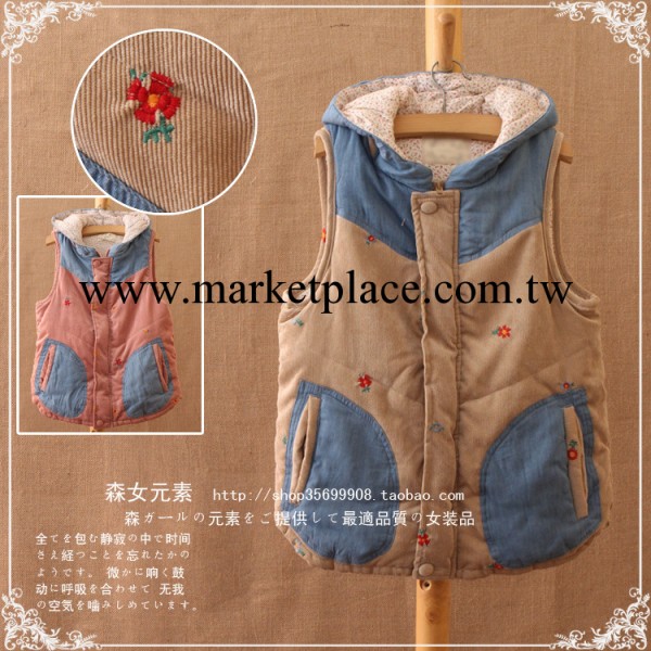 2013秋冬新款女裝日系休閒連帽刺繡花朵女式棉馬甲背心馬夾外套工廠,批發,進口,代購