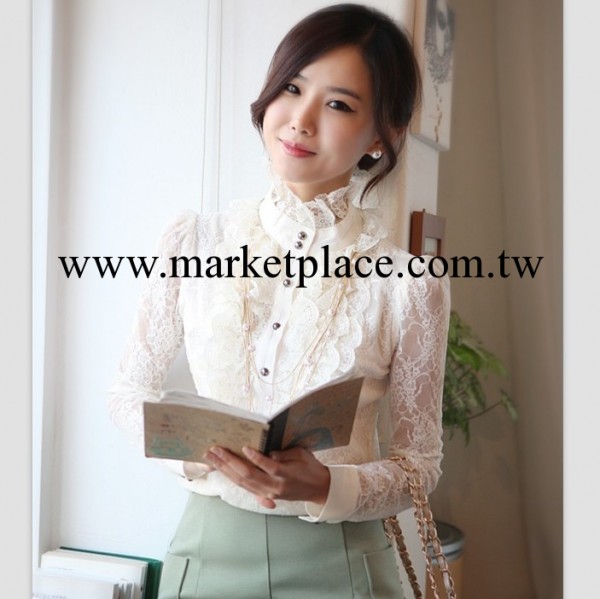 2013韓版秋裝 新品女裝 白色立領修身蕾絲長袖襯衫 女式上衣批發・進口・工廠・代買・代購