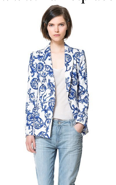 2013秋季女 韓版休閒修身青花瓷女式長袖西服工廠,批發,進口,代購