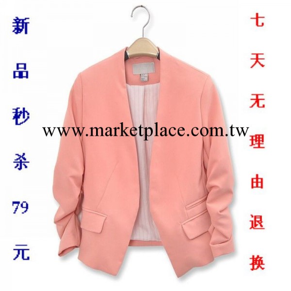 2012HM春秋新款韓版褶皺長袖無領修身小西裝外套 女 短款工廠,批發,進口,代購