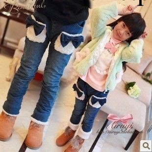 童裝批發 2013冬新款 韓版白絨口袋蝴蝶結 絨裡加厚 女童牛仔褲子工廠,批發,進口,代購