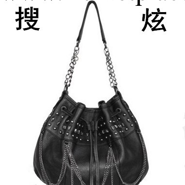 搜炫2014新款韓版女包骷髏頭流蘇水桶包高級pu單肩包荔枝紋斜挎包工廠,批發,進口,代購