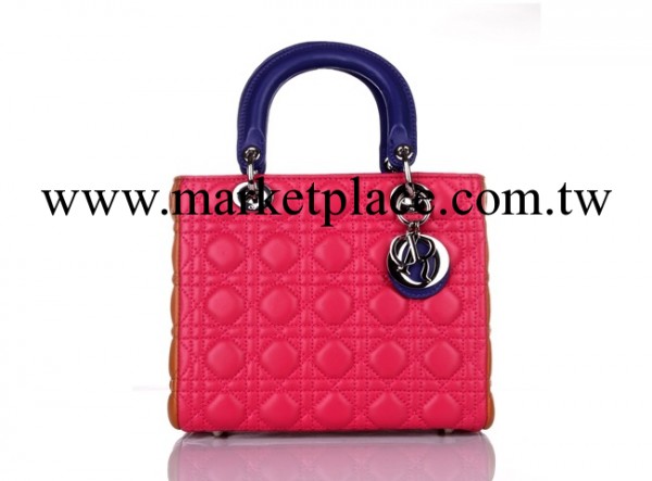 新款lady戴妃包玫紅拼三色金銀扣羊皮單肩斜挎手提包 五格女包工廠,批發,進口,代購