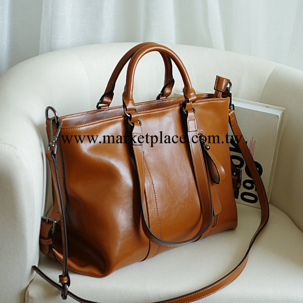 歐美百搭機車包油蠟光滑皮紋牛皮復古托特單肩手提斜挎通勤多用包工廠,批發,進口,代購