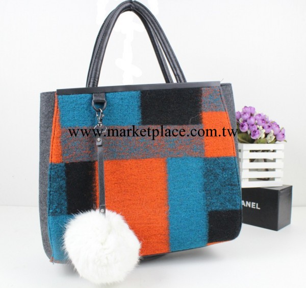 Miss Suki 韓版時尚女包呢子包兔毛球撞色包秋冬手提單肩斜跨包工廠,批發,進口,代購