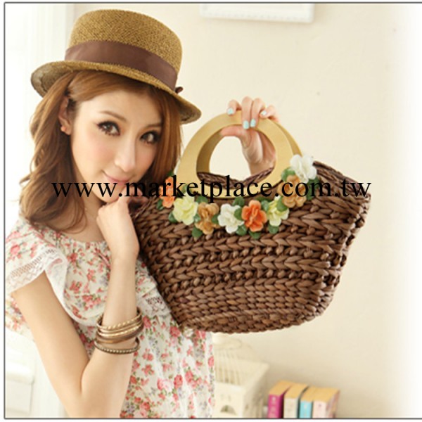 木把多彩花手提草編包編織包藤編包沙灘包手拎女工廠,批發,進口,代購