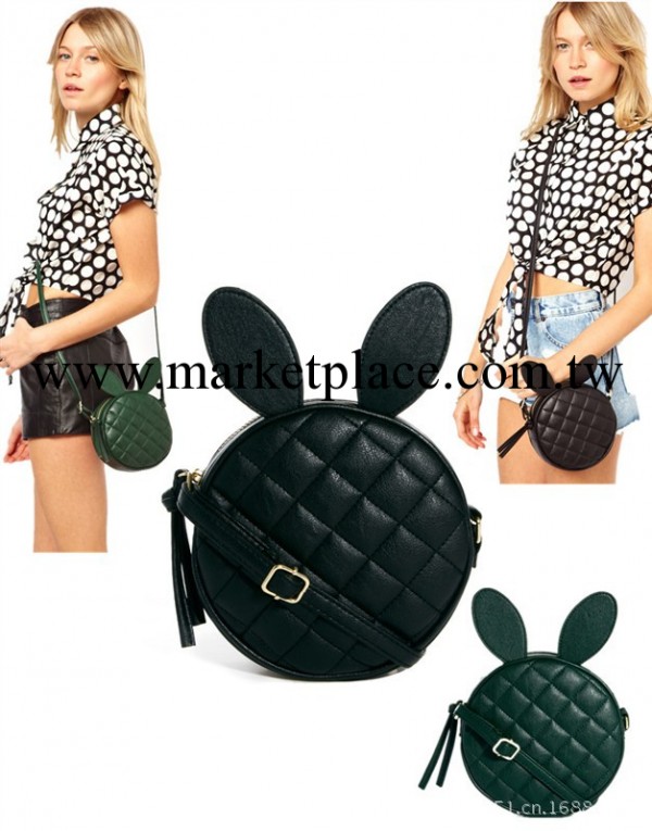 英國品牌女裝ASO*非代購 墨綠色 黑色兔子耳朵圓形菱格斜挎小包女工廠,批發,進口,代購