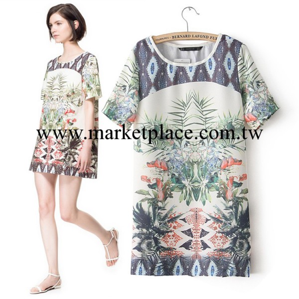 歐美2013夏季女裝新款專櫃同款西班牙印花色花草裙雪紡短袖連衣裙工廠,批發,進口,代購