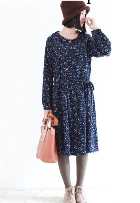 2013森女系 燈芯絨碎花娃娃領寬松收腰連衣裙工廠,批發,進口,代購