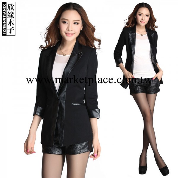 2013秋裝新品  時尚韓版七分袖PU皮拼接外套 女士修身小西裝99892工廠,批發,進口,代購