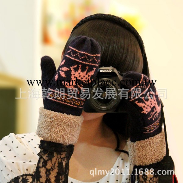 韓版聖誕小鹿毛口全指手套 雙層加厚冬季保暖女毛線騎車麋鹿手套工廠,批發,進口,代購