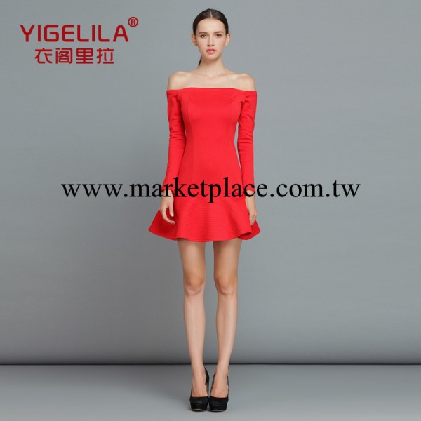 YIGELILA品牌代理 紅色禮服裙 一字領露肩連衣裙新娘伴娘裙 6496工廠,批發,進口,代購