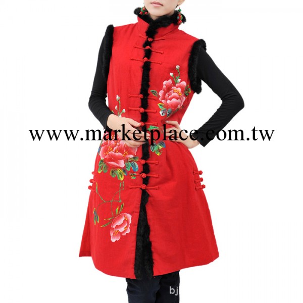 2011冬季女裝手繪牡丹兔毛鑲邊棉服棉衣長馬甲工廠,批發,進口,代購